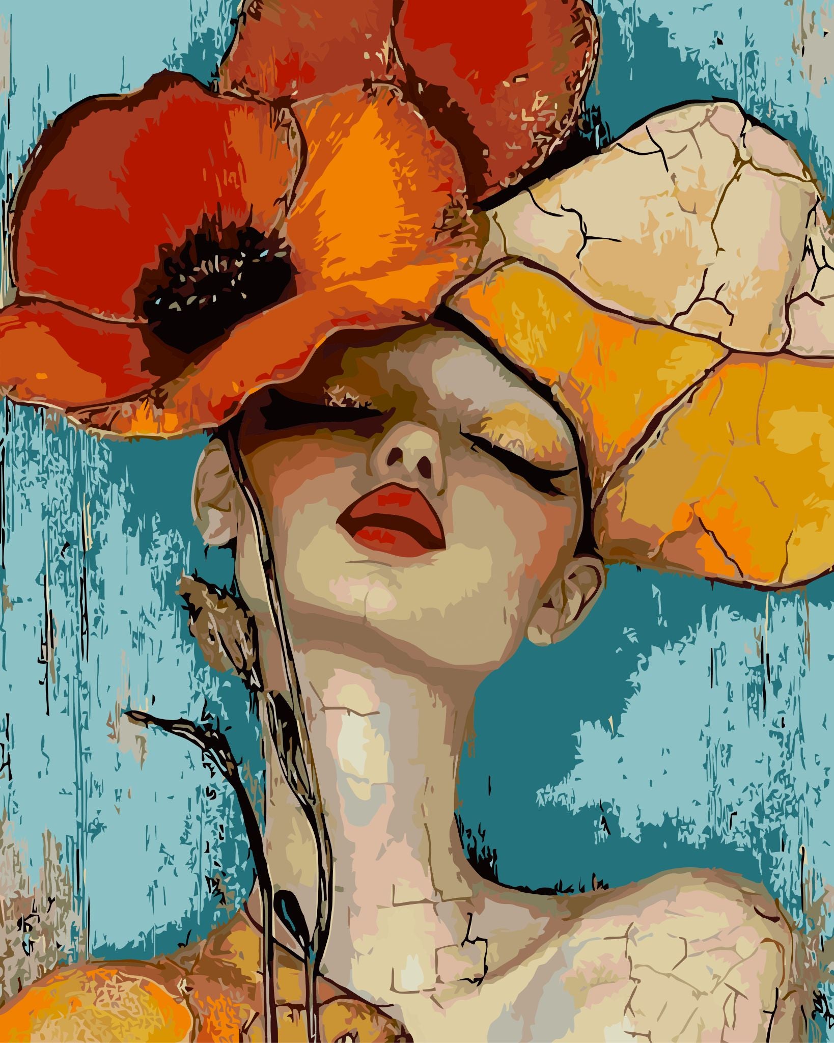 Cracked Not Broken paint by number kit — painterly effect of a cracked porcelain woman portrait with red poppies and teal blue background
