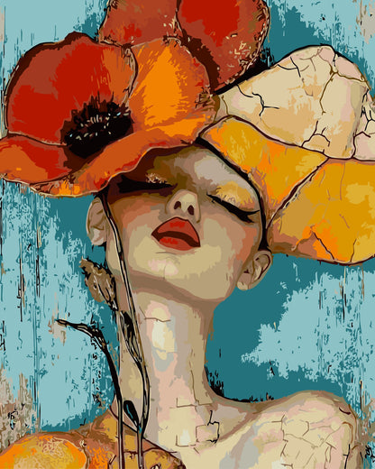 Cracked Not Broken paint by number kit — painterly effect of a cracked porcelain woman portrait with red poppies and teal blue background