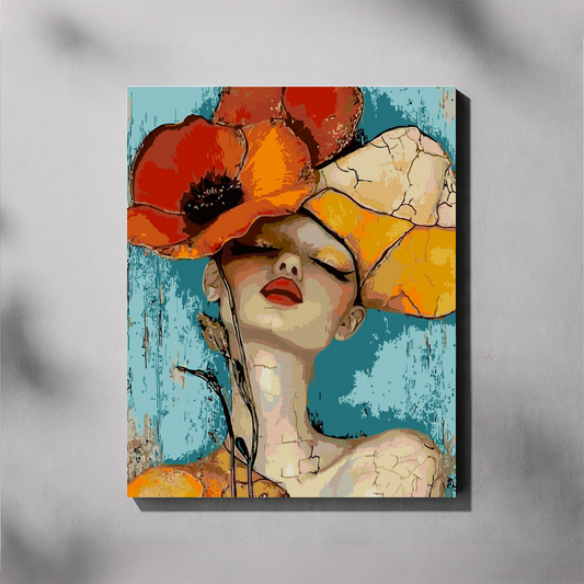 Cracked Not Broken paint by number kit — completed canvas mockup of a woman with cracked porcelain skin and red poppies as a hat on a teal blue background