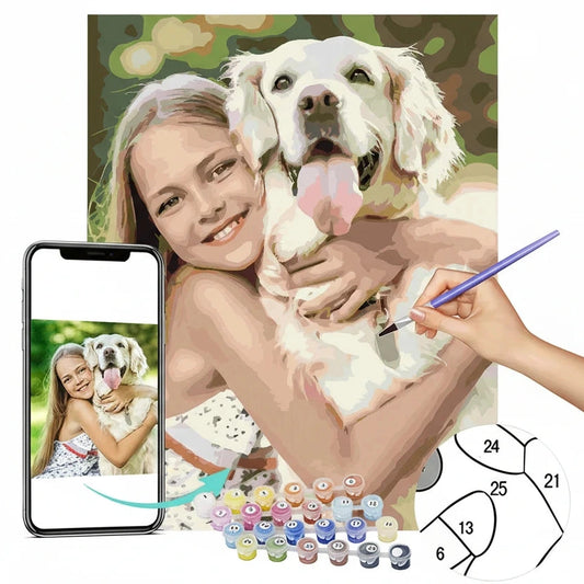 Person holding a dog with a paintbrush and color swatches, digital photo on phone
