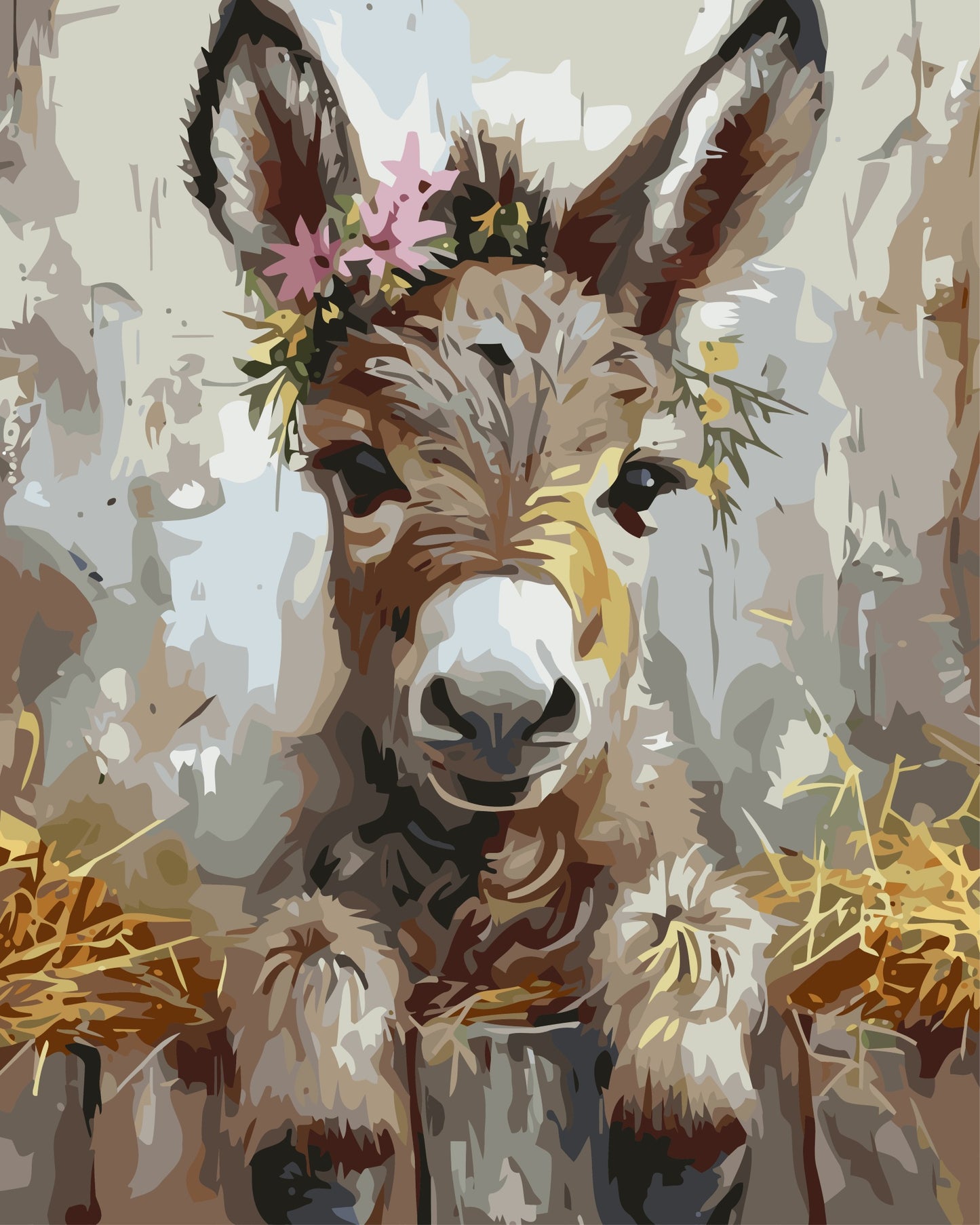 Cute Donkey paint by number kit — painterly effect of a baby donkey with a pink floral crown and soft warm beige tones against a textured rustic background