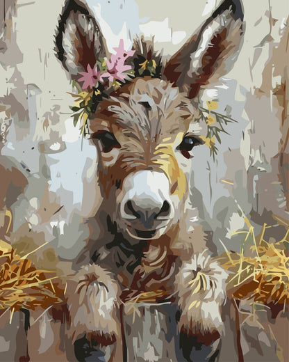 Cute Donkey paint by number kit — painterly effect of a baby donkey with a pink floral crown and soft warm beige tones against a textured rustic background