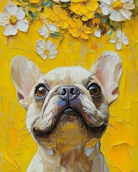 Painting of a dog's face with a yellow floral background
