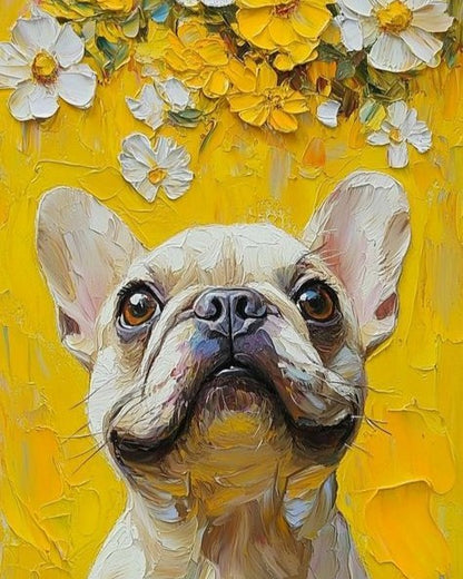 Painting of a dog's face with a yellow floral background