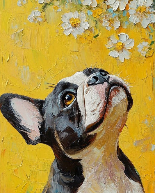 Painting of a dog with a yellow background and flowers