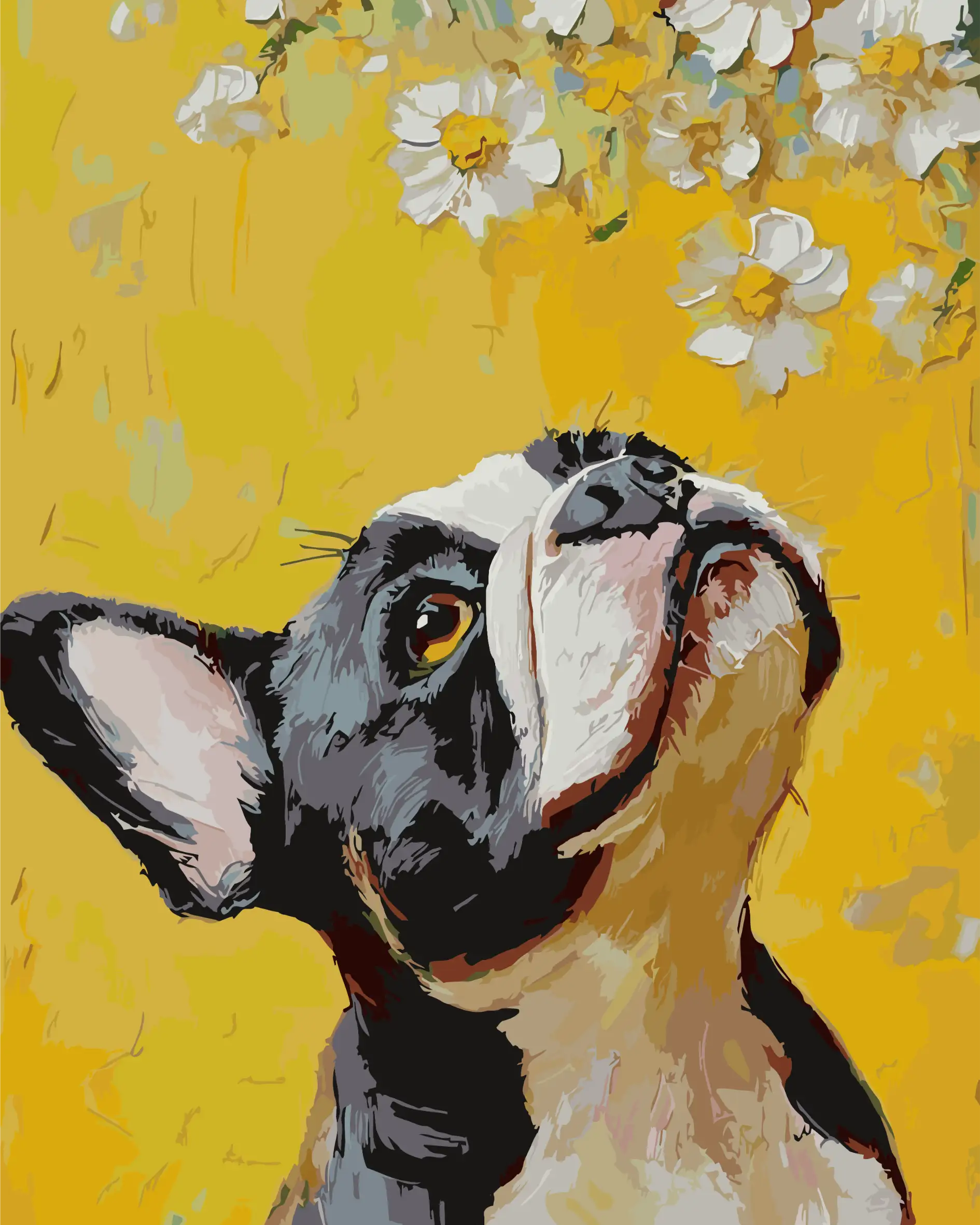 Painting of a dog's face with a yellow background and flowers
