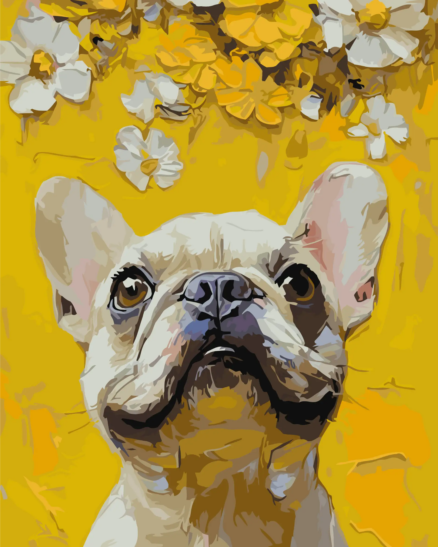 Painting of a dog with flowers on a yellow background