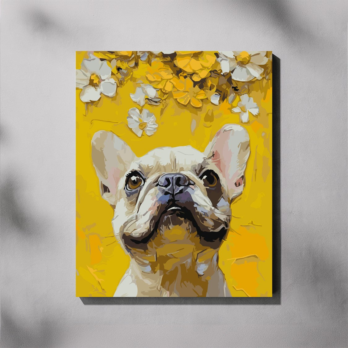 Painting of a dog's face on a yellow background with floral elements