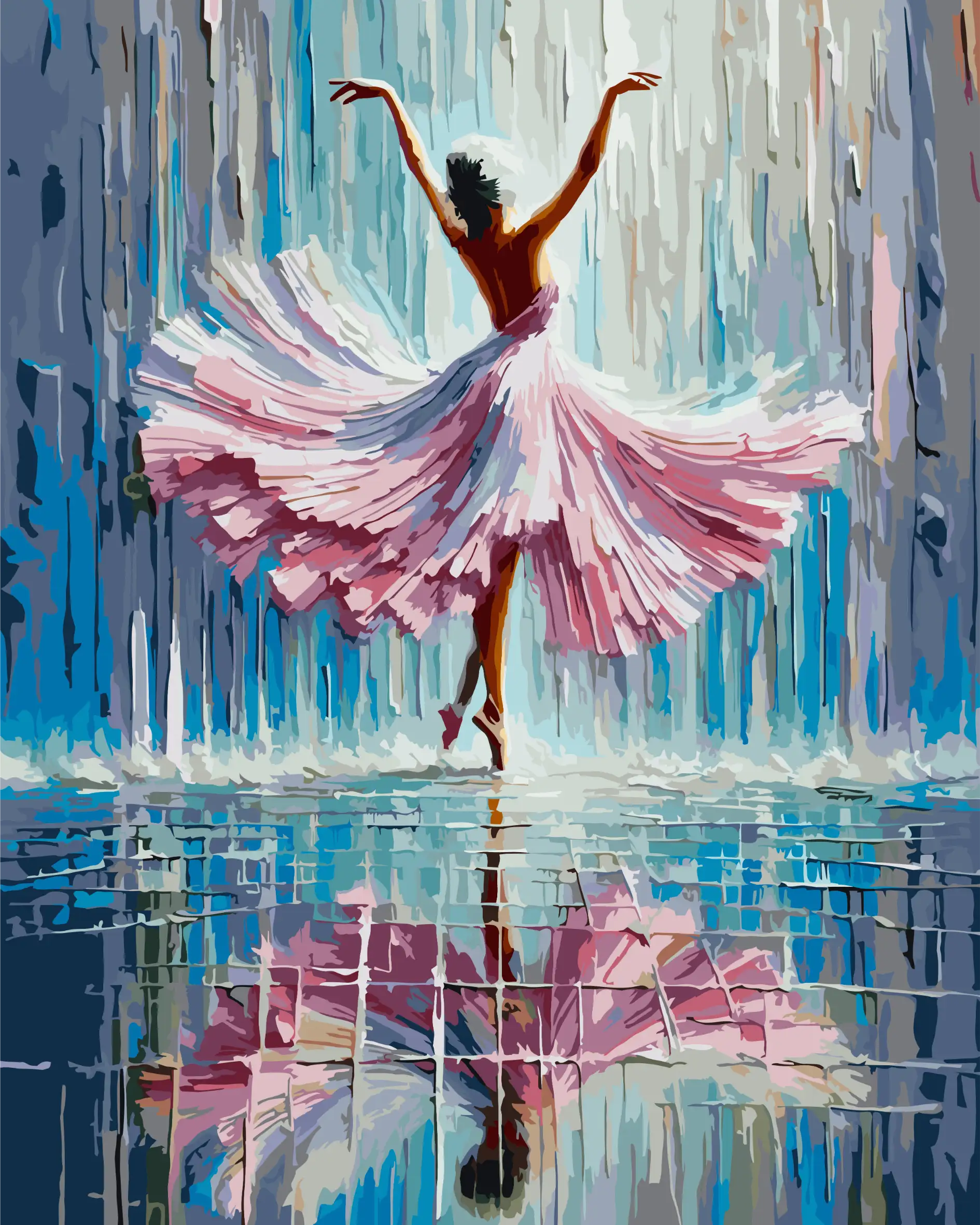 Artistic depiction of a ballerina in a pink dress with a reflective water surface.