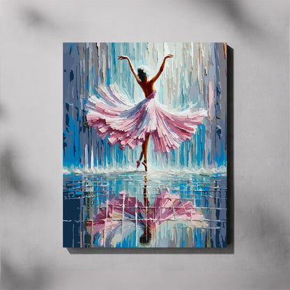 Artistic depiction of a ballerina in a pink skirt with a abstract background