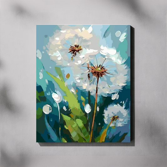 Paint by number of wild dandelions in abstract paint technique