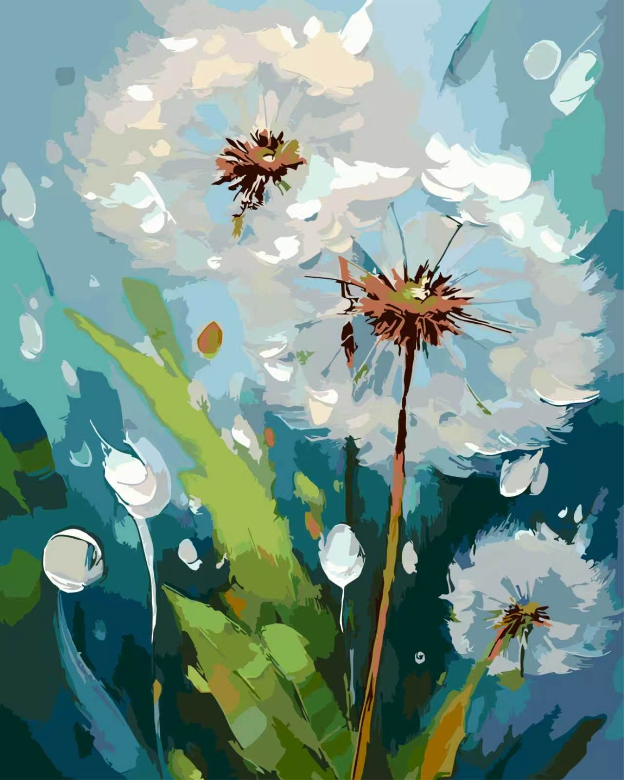 Paint by number of wild dandelions in abstract paint technique