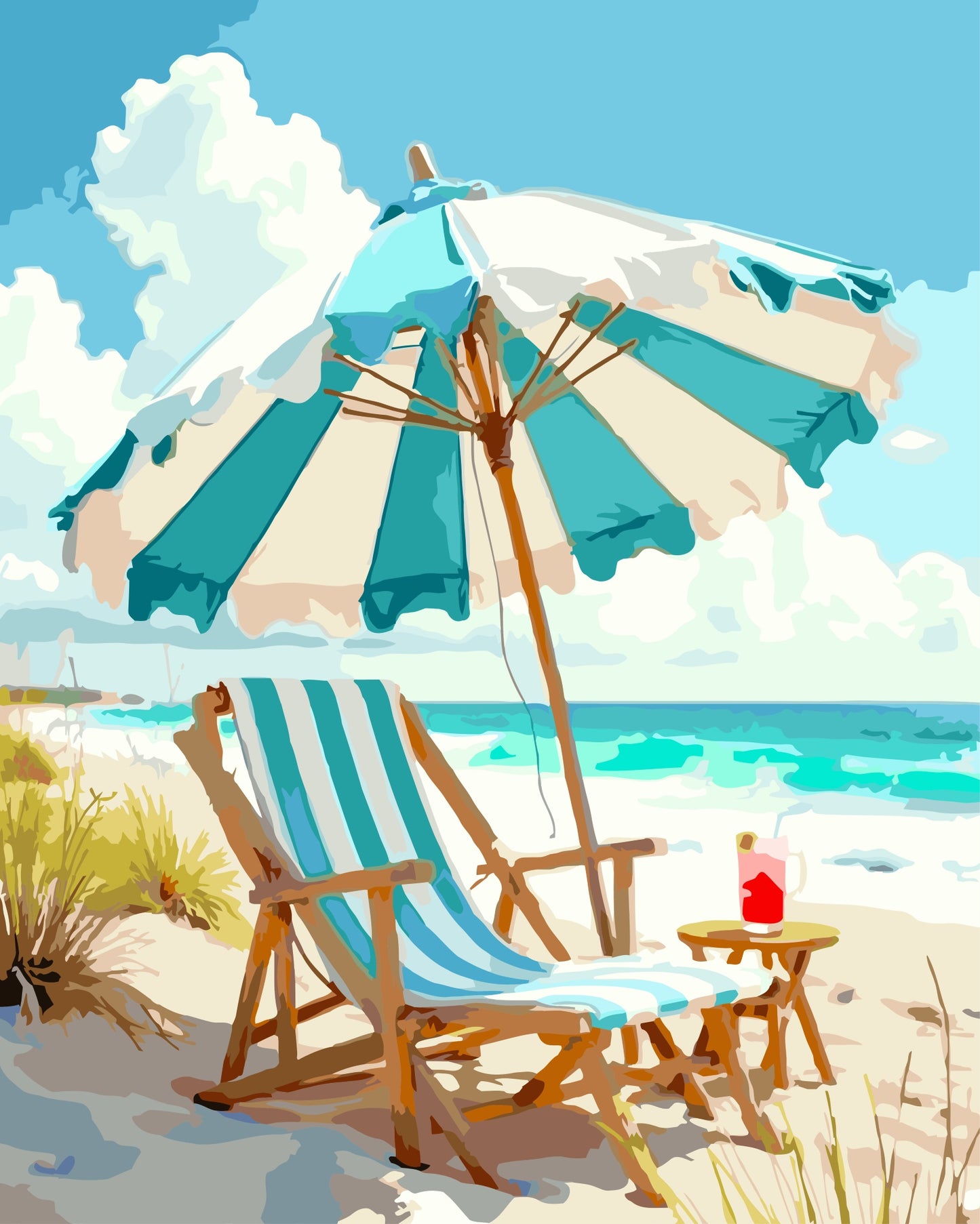 Day at the Beach paint by number kit — completed canvas mockup of a teal-striped beach umbrella and wooden deck chair on white sand with a turquoise ocean and fluffy clouds in the background
