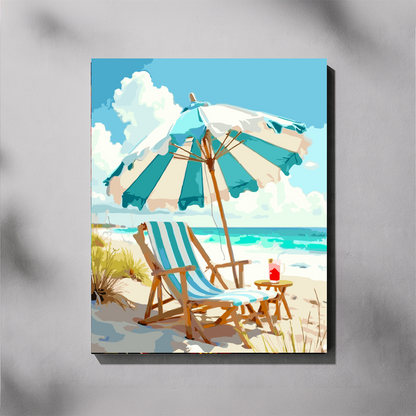 Day at the Beach paint by number kit — completed canvas mockup of a teal-striped beach umbrella and wooden deck chair on white sand with a turquoise ocean and fluffy clouds in the background
