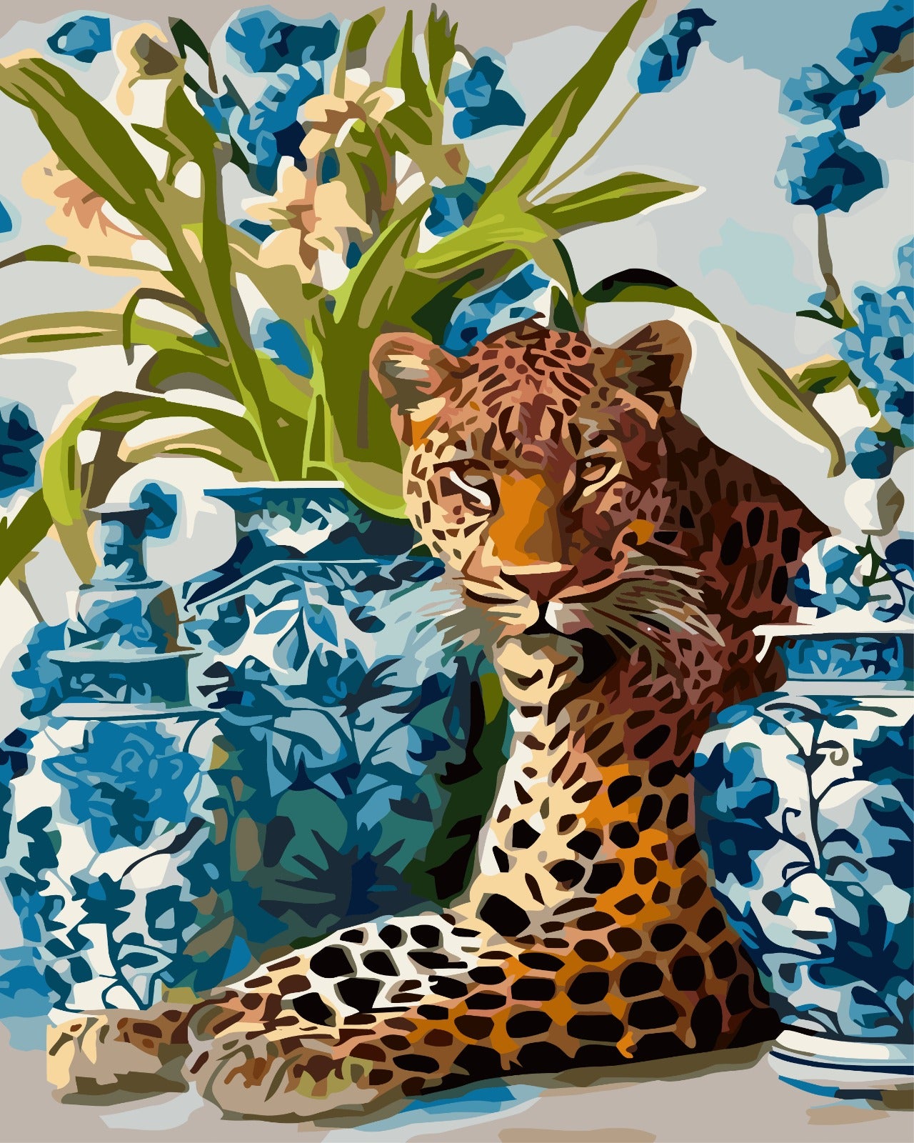 Delft Leopard paint by number kit — artistic effect of a leopard among Delft vases in rich golden brown, black, crisp blue and fresh green tones
