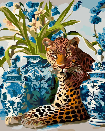 Delft Leopard paint by number kit — artistic effect of a leopard among Delft vases in rich golden brown, black, crisp blue and fresh green tones
