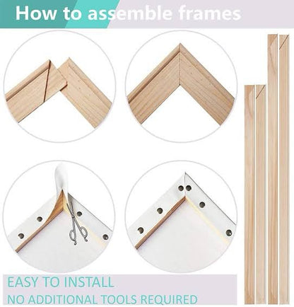 Step-by-step guide on assembling wooden frames with text indicating ease of installation.