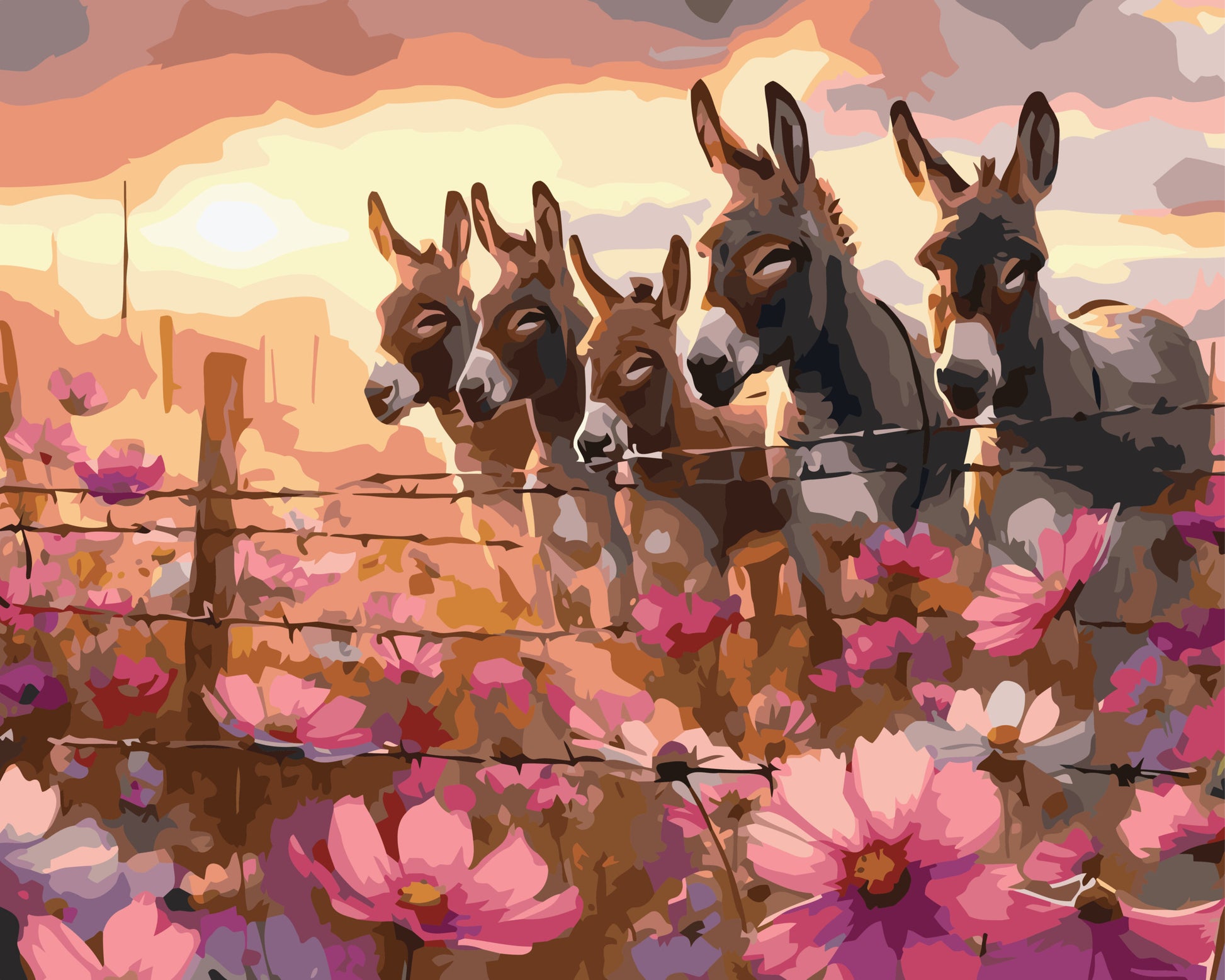 Paint by number of Five donkeys behind a barbed wire fence with pink flowers and a sunset sky.