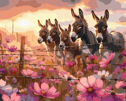 Paint by number of Five donkeys behind a barbed wire fence with pink flowers and a sunset sky.