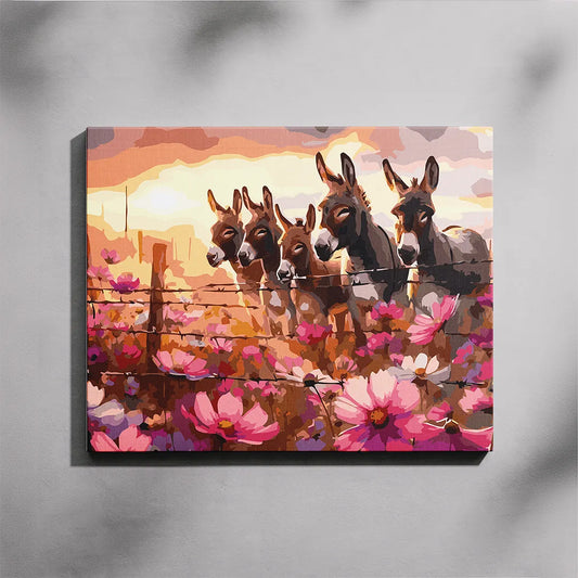 Canvas print of donkeys by a pond with flowers on a gray background