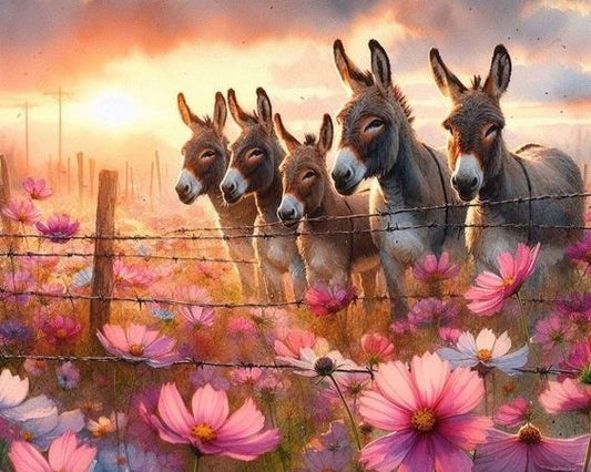 Five donkeys behind a barbed wire fence with pink flowers and a sunset sky.