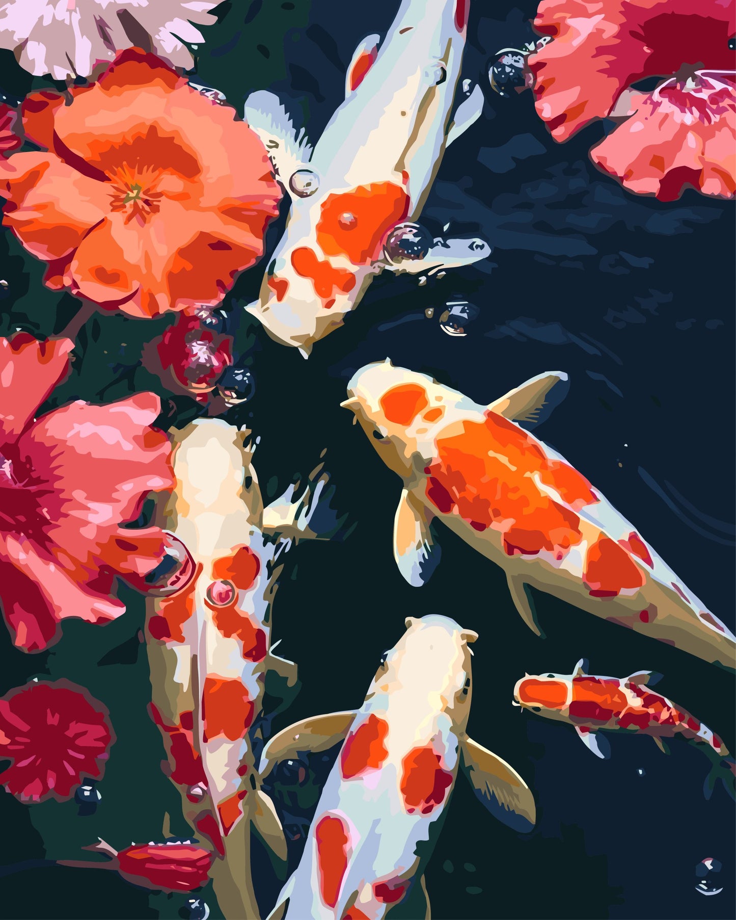 Koi fish swimming in water with pink flowers and bubbles