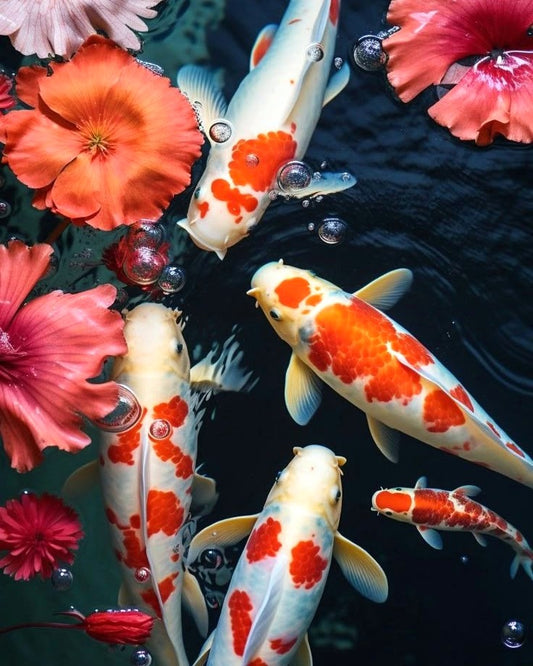 Koi fish swimming in water with red flowers