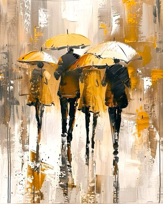 Abstract painting of four people walking under yellow umbrellas in the rain, rendered with expressive brushstrokes in yellow, black, white, and gray.