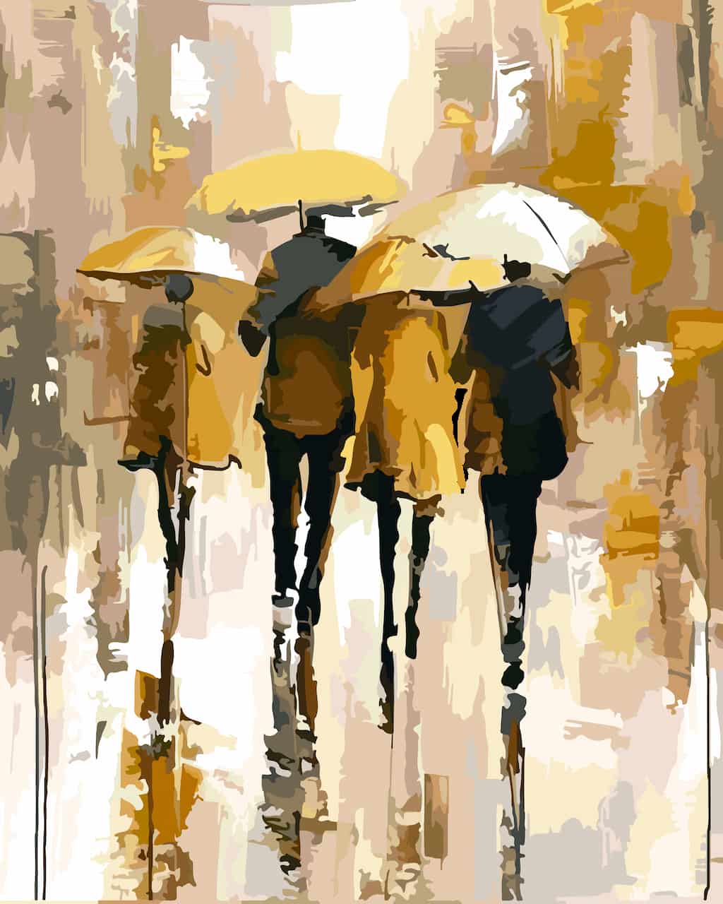 Abstract paint by number of four people walking away under yellow and white umbrellas in a city street, rendered in warm beige, brown, and gold tones with dark black accents.