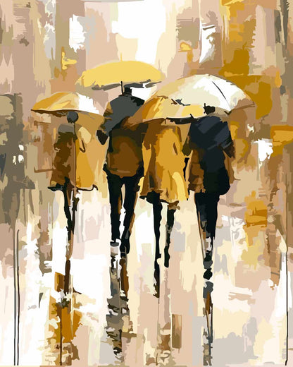 Abstract paint by number of four people walking away under yellow and white umbrellas in a city street, rendered in warm beige, brown, and gold tones with dark black accents.