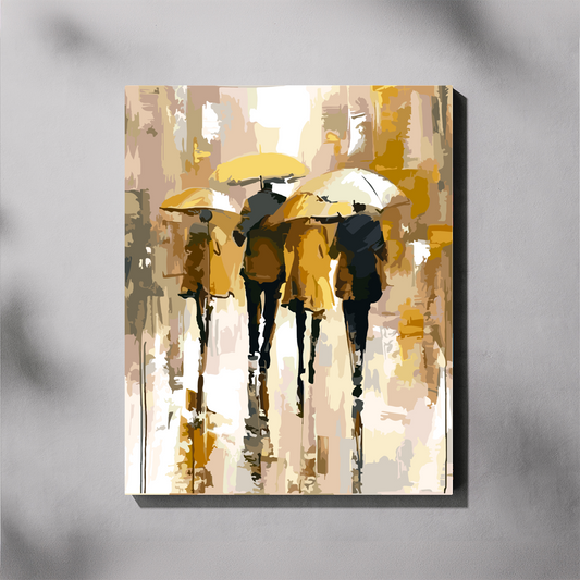 A vertical paint by number canvas featuring an abstract painting of four people walking away under yellow and white umbrellas, displayed on a light gray wall with soft shadow overlays.