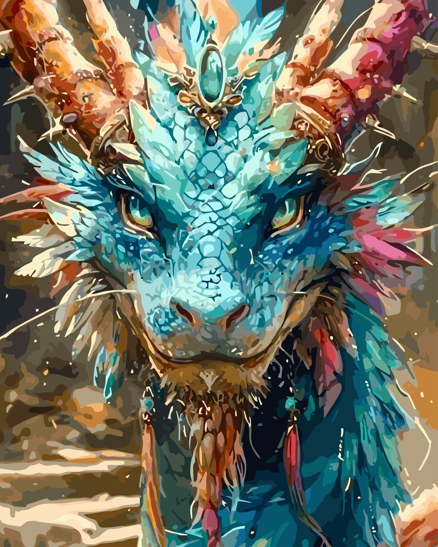 Colorful dragon head with intricate details and decorations
