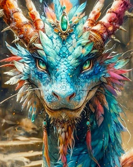 Colorful dragon with intricate details and feathers against a blurred background