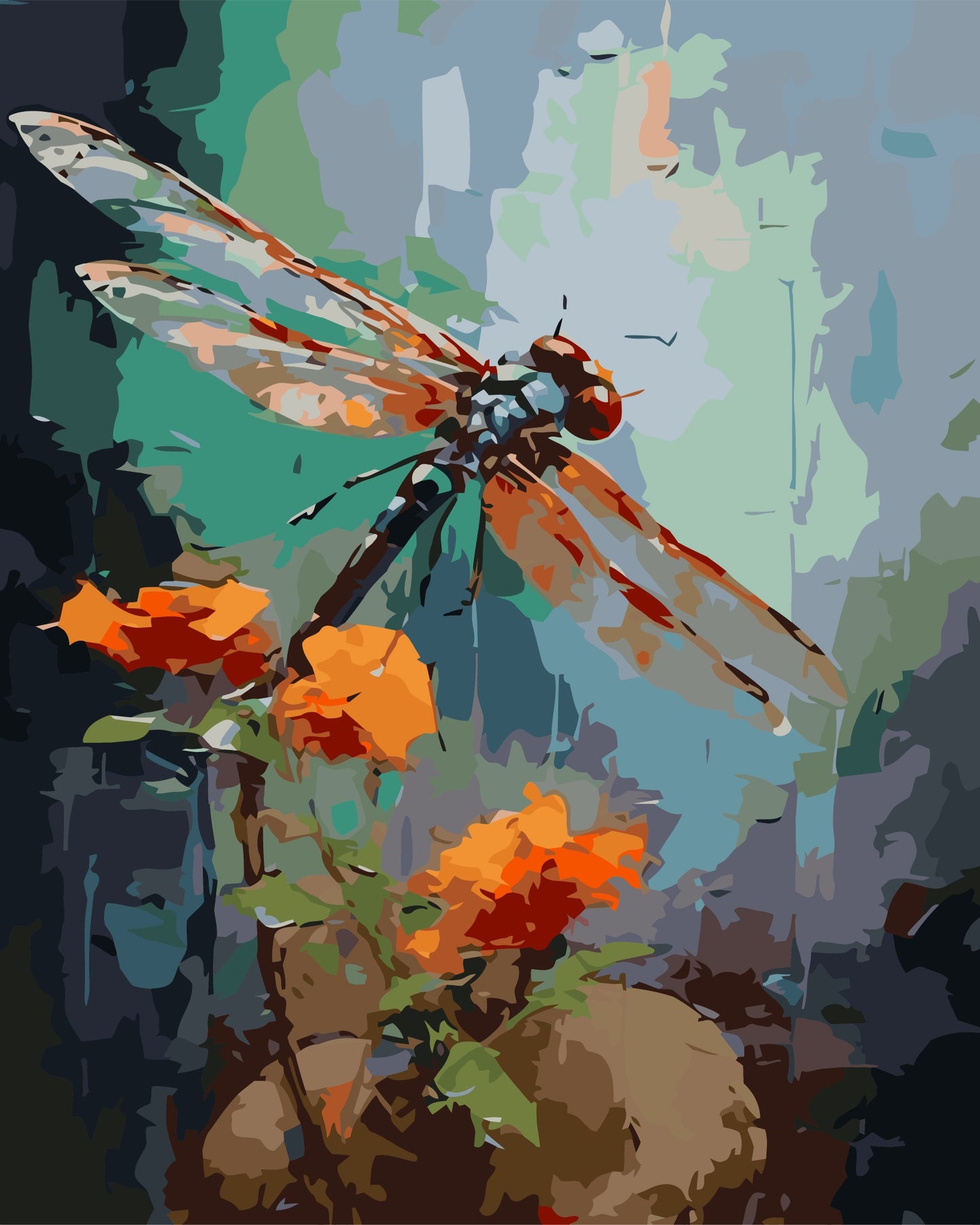 Colorful painting of a dragonfly on flowers with abstract background