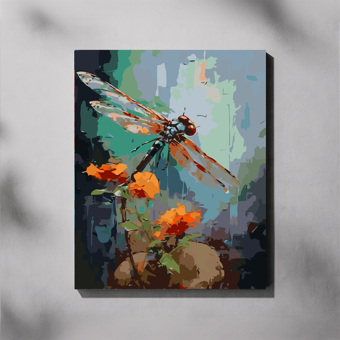Canvas print of a dragonfly and flowers on a textured gray background