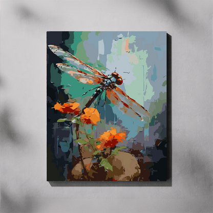 Canvas print of a dragonfly and flowers on a textured gray background