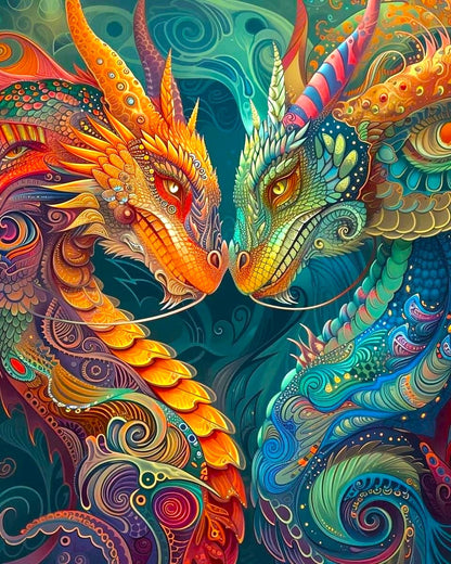 Vibrant fantasy artwork of two ornate dragons facing each other in a swirling teal and multicolor background. The dragon on the left is primarily orange and yellow with intricate swirl patterns, and the dragon on the right is primarily blue and teal with detailed scales and decorative elements.