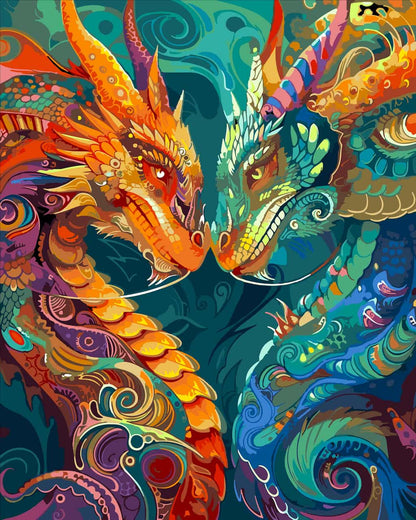 Vibrant paint by number of two stylized dragons facing each other in a swirling, ornate composition. The dragon on the left is primarily orange and red, while the dragon on the right is primarily teal, blue, and green.