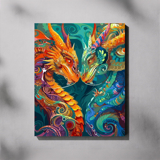 A colorful wall paint by number canvas featuring two stylized dragons facing each other, shown hanging against a light gray wall with soft shadows.