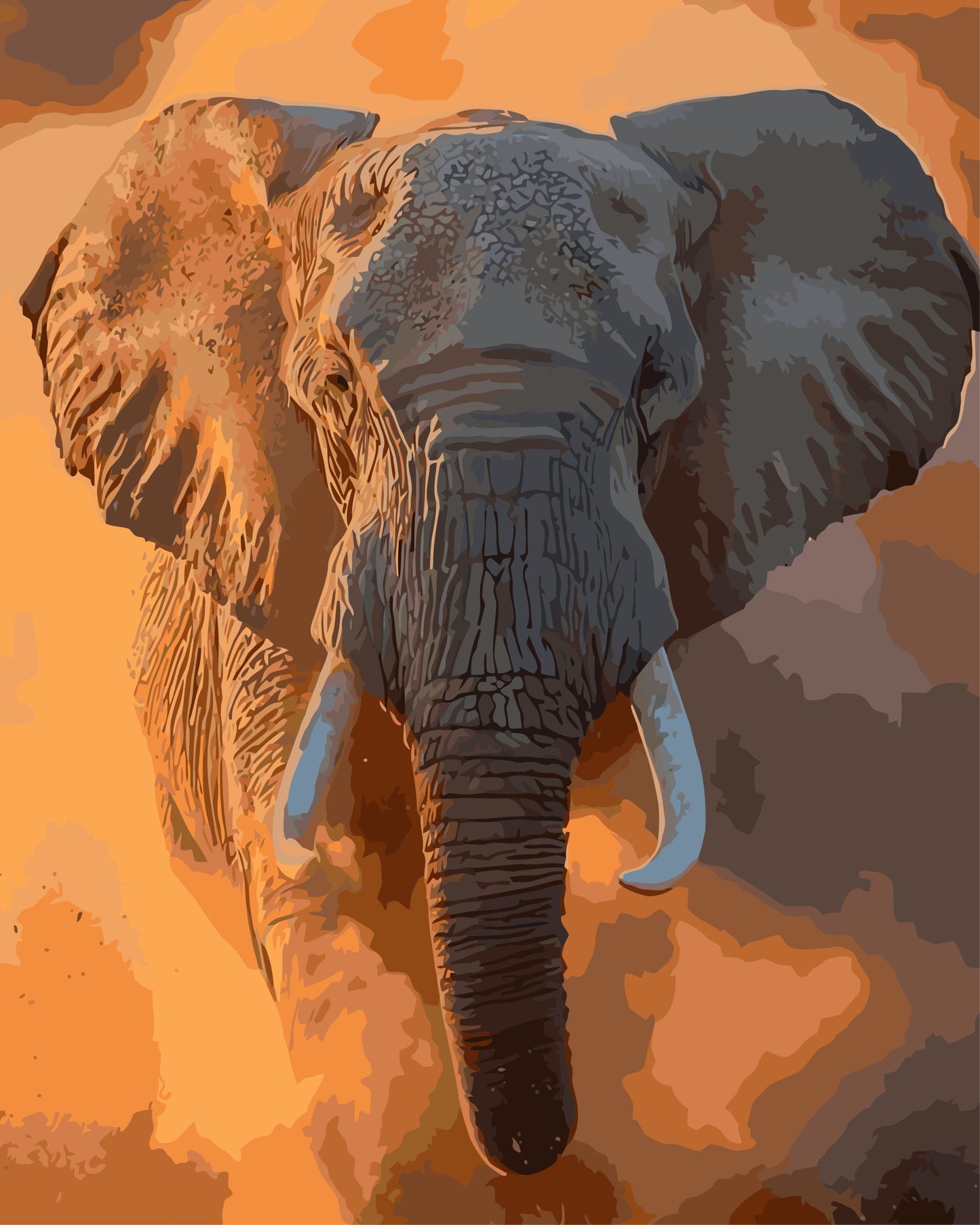 Artistic depiction of an elephant with a warm, abstract background