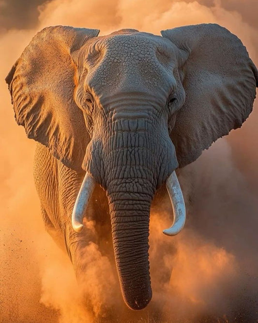 Elephant walking through dust with a warm, golden light