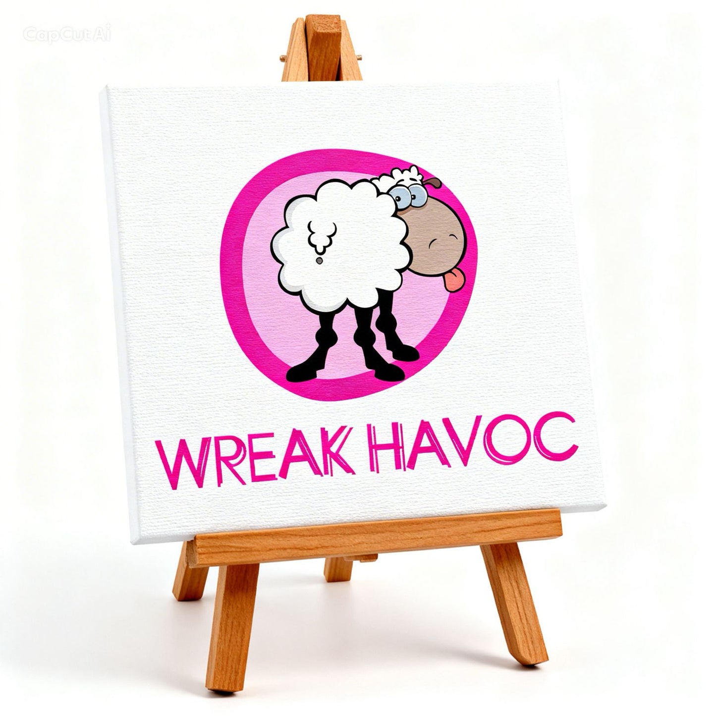 Canvas with a sheep logo and 'Wreak Havoc' text on an easel