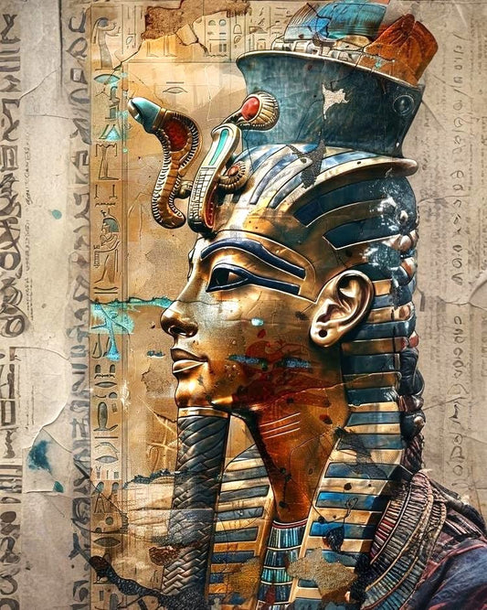 Decorative design of an Egyptian pharaoh with hieroglyphs on a textured background
