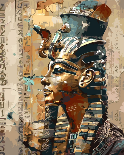 Decorative painting of an Egyptian pharaoh's face with hieroglyphs on a textured background