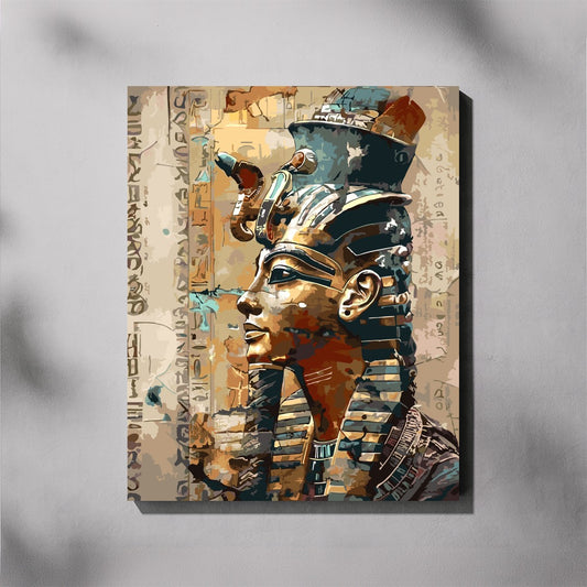 Canvas print of an Egyptian pharaoh with hieroglyphics on a gray background