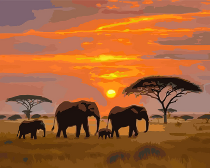 Silhouettes of elephants walking in a savannah at sunset with orange and pink skies.