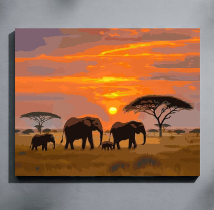 Surreal landscape with elephants and trees against a vibrant sunset sky.