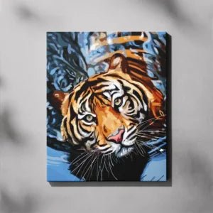 Canvas print of a tiger with a blue and black abstract background