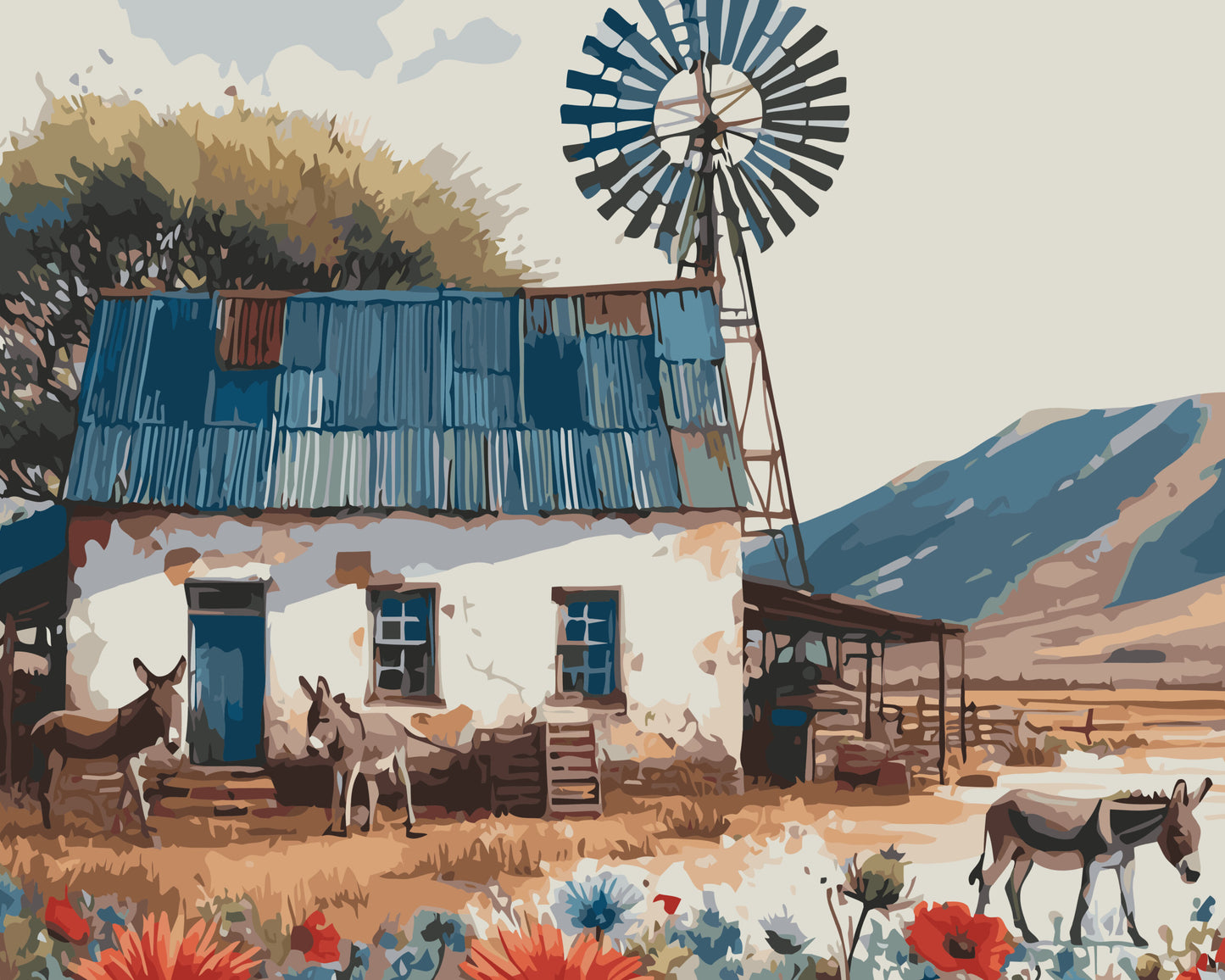 Farm House paint by number kit — artistic effect of a Karoo farmhouse scene with windmill, donkeys and wildflowers in warm earthy and dusty blue tones