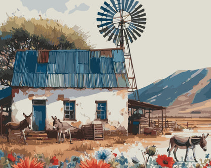 Farm House paint by number kit — artistic effect of a Karoo farmhouse scene with windmill, donkeys and wildflowers in warm earthy and dusty blue tones
